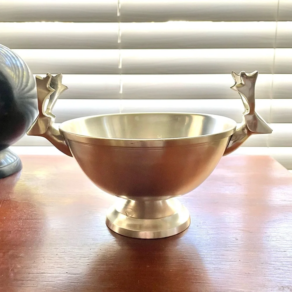 Pair of Crate&Barrel modern reindeer holiday stainless steel footed bowls, 6”